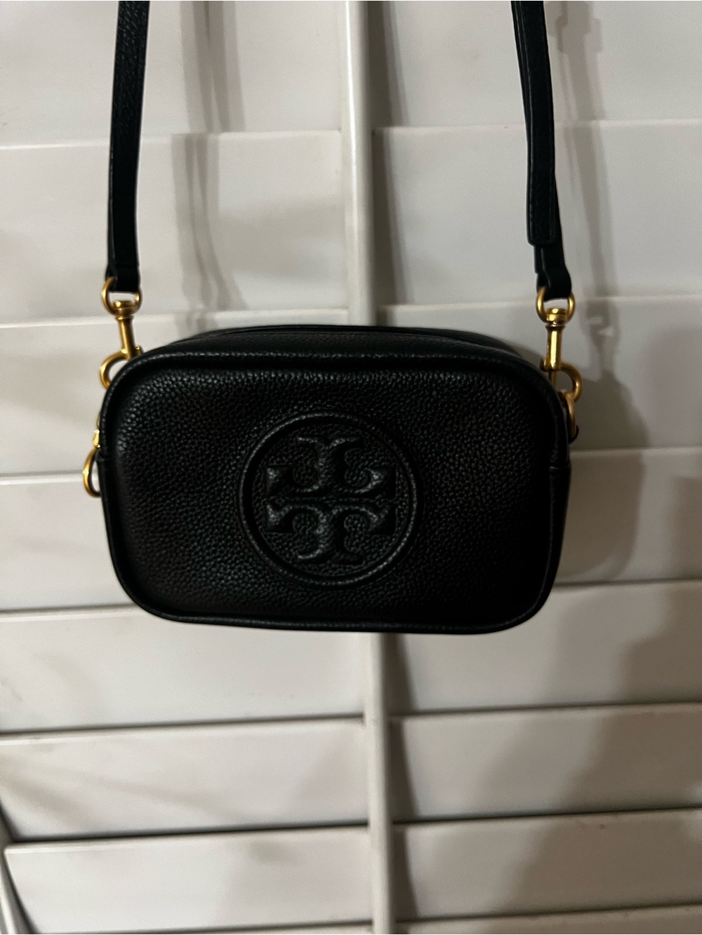 Tory Burch Black Pebbled Leather Logo Crossbody Bag with Gold Hardware